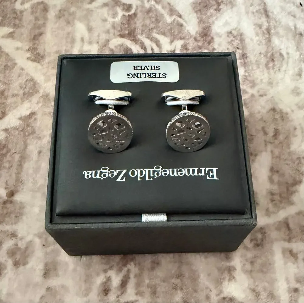 $595 NIB Men's Ermenegildo Zegna Sterling Circular Silver Cufflinks